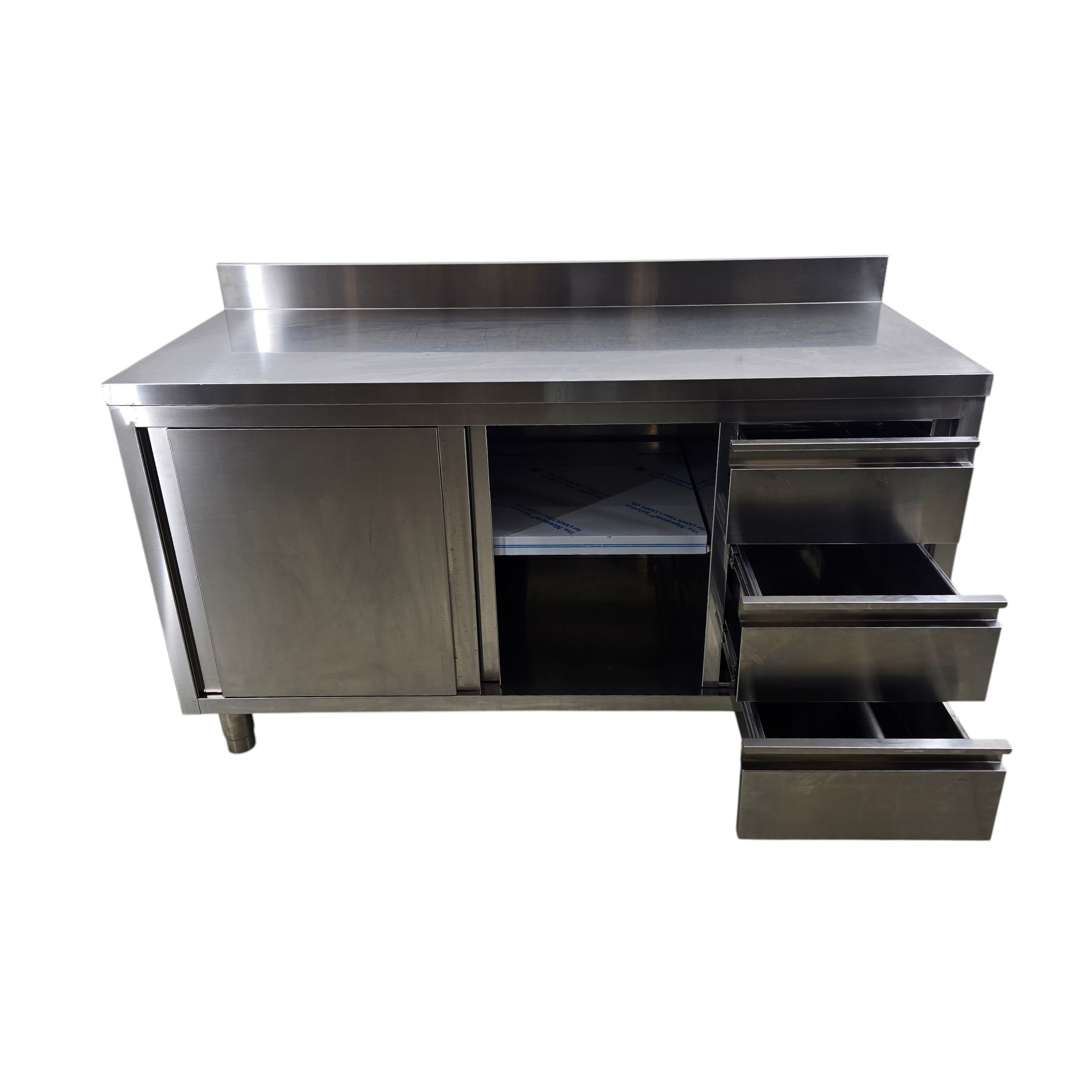 Arbeitsschrank Edelstahl mit Flügeltür und 3 Schubladen GN 1/1 mit Aufkantung, B 150 x T 60 x H 84/94 cm – Bild 3