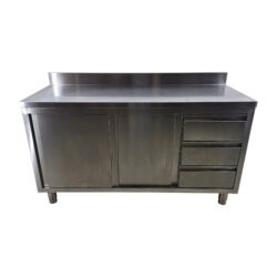 Arbeitsschrank Edelstahl mit Flügeltür und 3 Schubladen GN 1/1 mit Aufkantung, B 150 x T 60 x H 84/94 cm