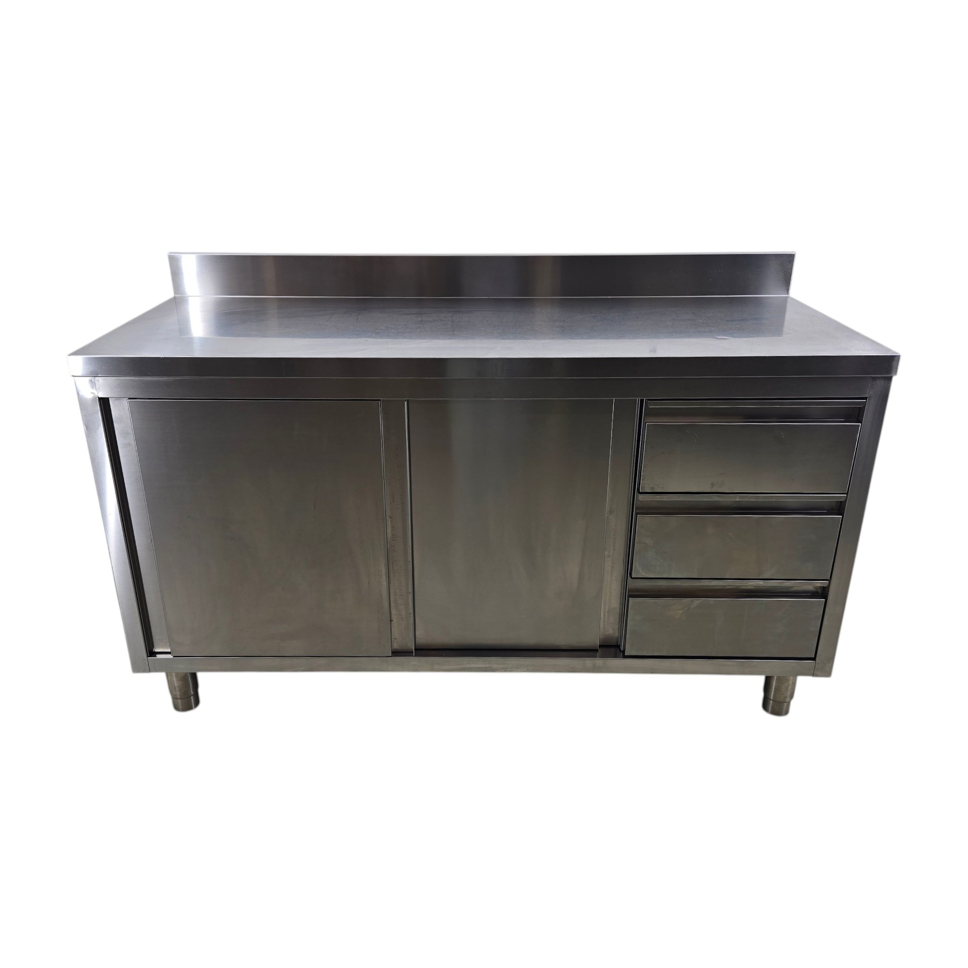 Arbeitsschrank Edelstahl mit Flügeltür und 3 Schubladen GN 1/1 mit Aufkantung, B 150 x T 60 x H 84/94 cm