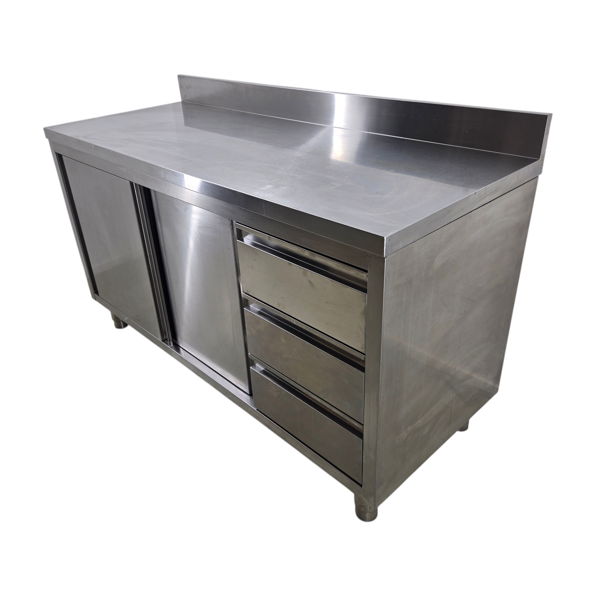 Arbeitsschrank Edelstahl mit Flügeltür und 3 Schubladen GN 1/1 mit Aufkantung, B 150 x T 60 x H 84/94 cm – Bild 4