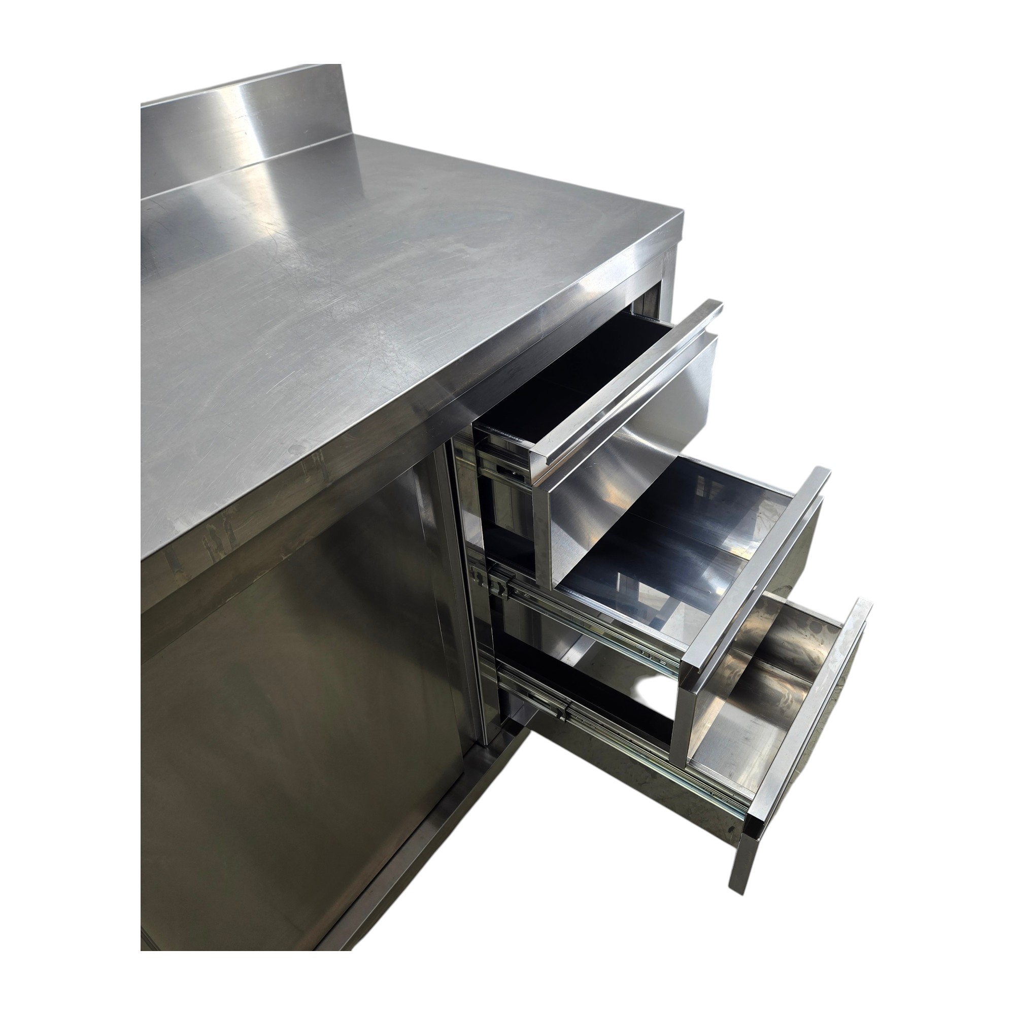 Arbeitsschrank Edelstahl mit Flügeltür und 3 Schubladen GN 1/1 mit Aufkantung, B 150 x T 60 x H 84/94 cm – Bild 6