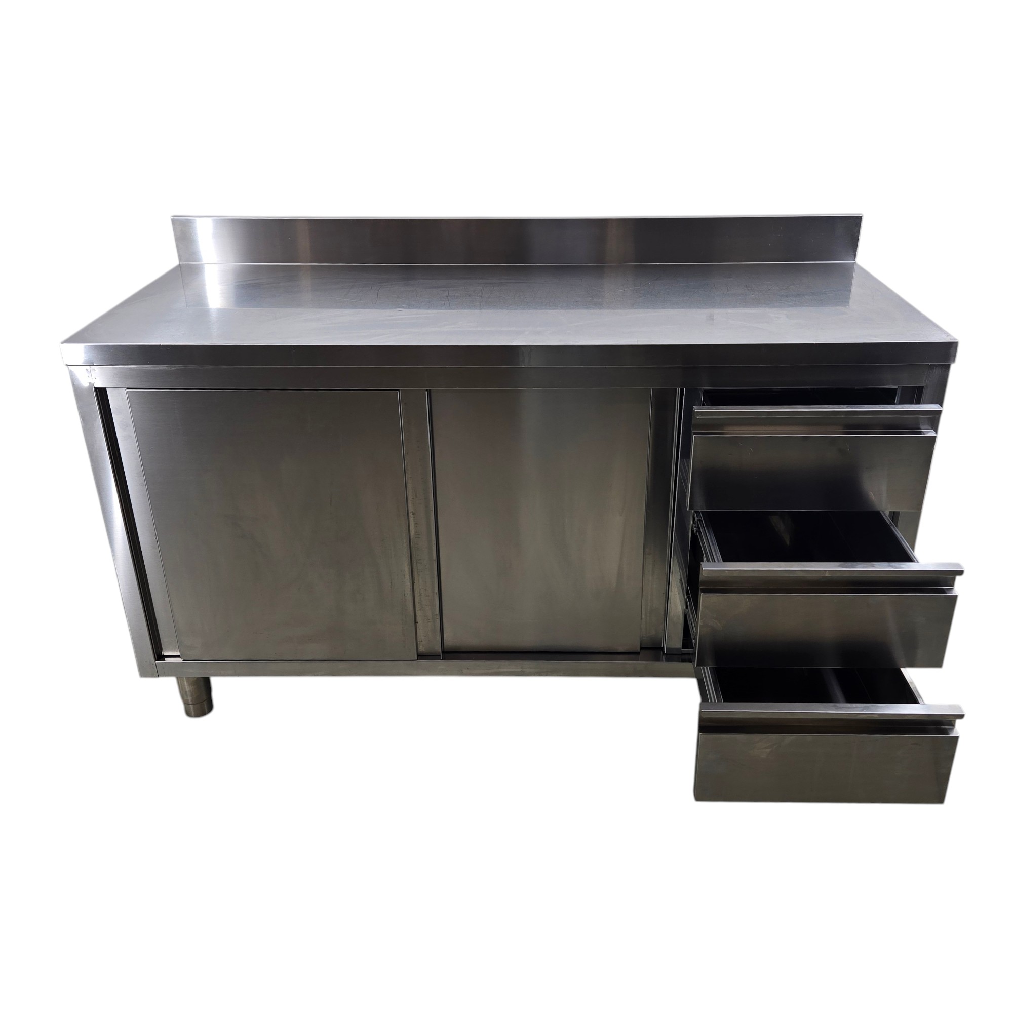Arbeitsschrank Edelstahl mit Flügeltür und 3 Schubladen GN 1/1 mit Aufkantung, B 150 x T 60 x H 84/94 cm – Bild 2